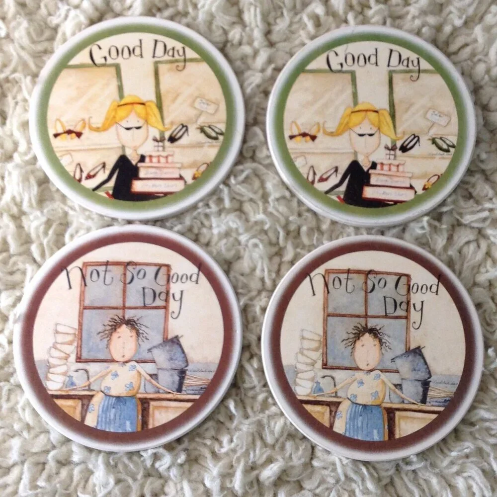 NWOT Coaster Girls Stone Coasters; Good Day/Not so Good Day; 2010; Kitschy, cute